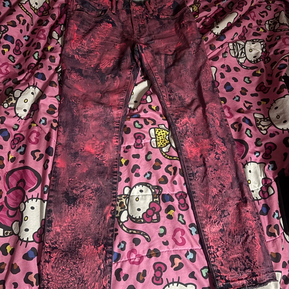 Red and Black Acid Wash Skinny Jeans